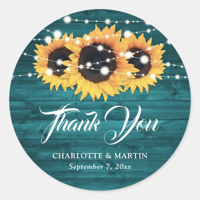Rustic Teal Sunflower Thank You Wedding Favour Classic Round Sticker (Front)