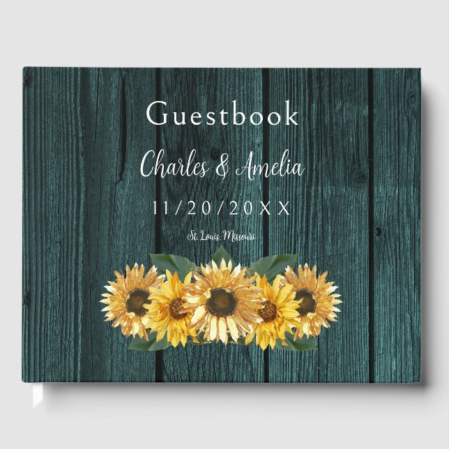 Rustic Teal Sunflower Wedding Guest Book (Front)