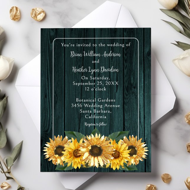 Rustic Teal Sunflower Wedding Invitation (Teal Rustic Sunflower Wedding Invitation)