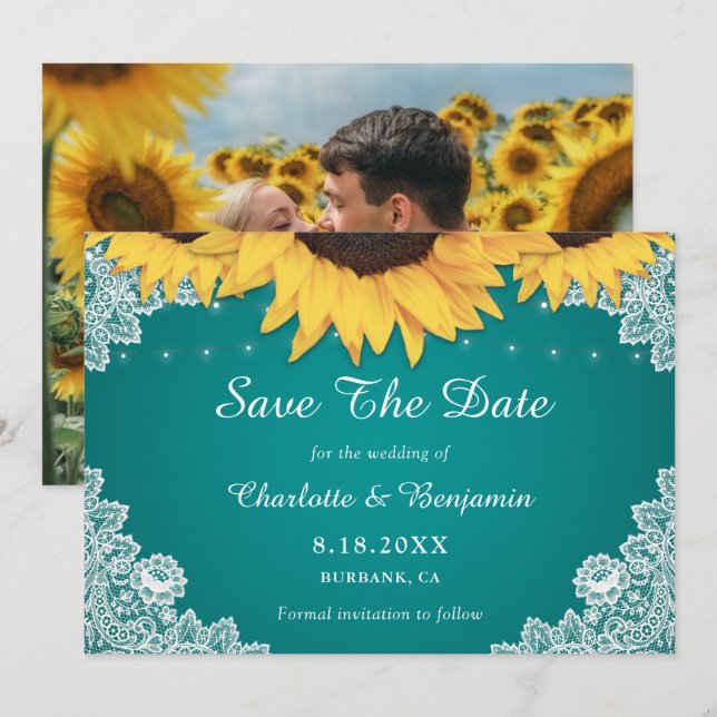 Rustic Teal Sunflower Wedding Photo Save The Date (Front/Back)