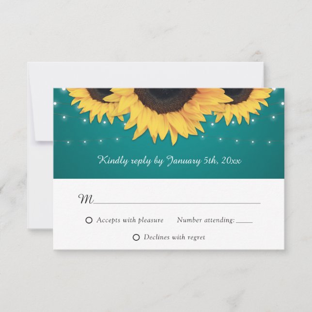 Rustic Teal Sunflower Wedding RSVP Card (Front)