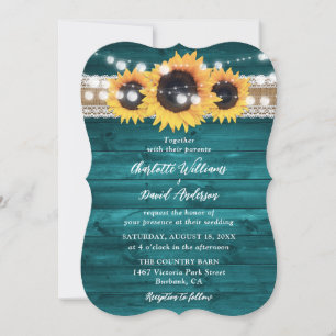 Rustic Teal Sunflower Wood String Lights Wedding Invitation