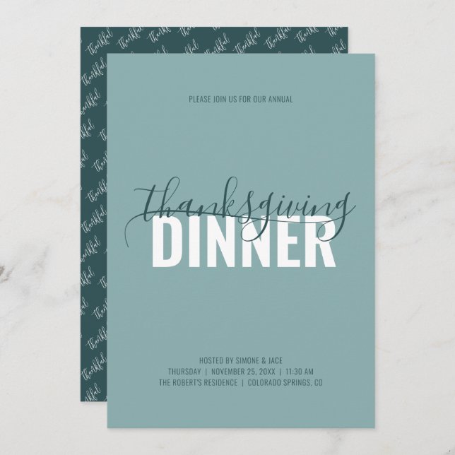Rustic Teal Thanksgiving Dinner Party Invitation (Front/Back)