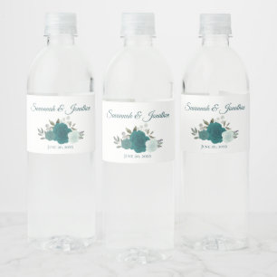 Rustic Teal & Turquoise Elegant Roses Wedding Water Bottle Label