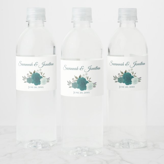 Rustic Teal & Turquoise Elegant Roses Wedding Water Bottle Label (Bottles)