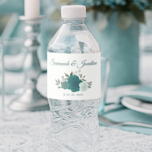 Rustic Teal & Turquoise Elegant Roses Wedding Water Bottle Label