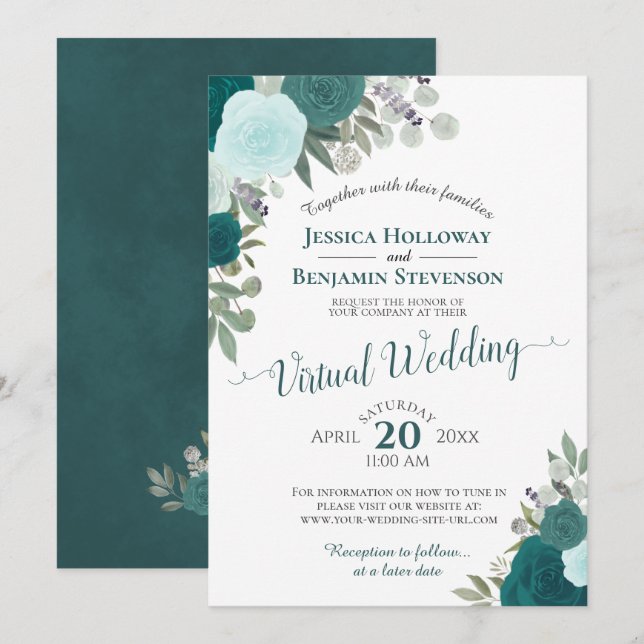 Rustic Teal Watercolor Floral Virtual Wedding Invitation (Front/Back)
