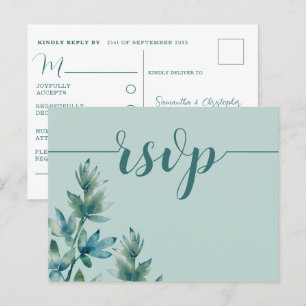 Rustic Teal Watercolor Foliage Wedding RSVP Invitation Postcard
