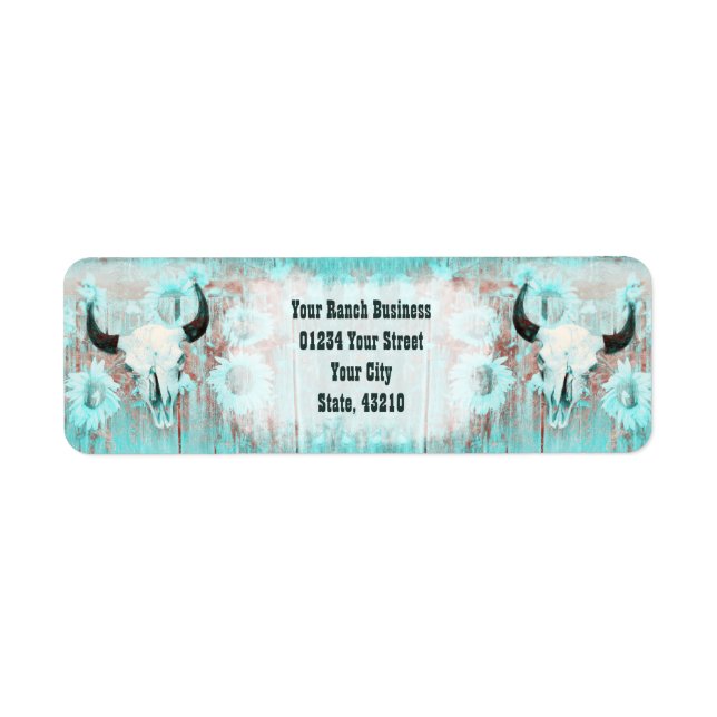Rustic Teal Western Bull Skull Sunflowers On Wood (Front)