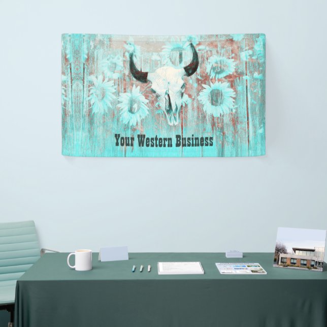 Rustic Teal Western Bull Skull Sunflowers On Wood Banner (Tradeshow)