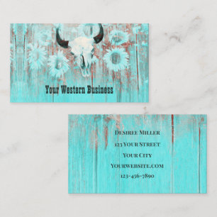 Rustic Teal Western Bull Skull Sunflowers On Wood Business Card