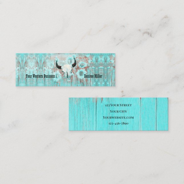 Rustic Teal Western Bull Skull Sunflowers On Wood Mini Business Card (Front/Back)