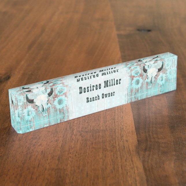 Rustic Teal Western Bull Skull Sunflowers On Wood Nameplate (Side)
