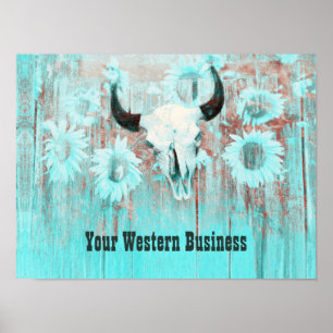 Rustic Teal Western Bull Skull Sunflowers On Wood Poster