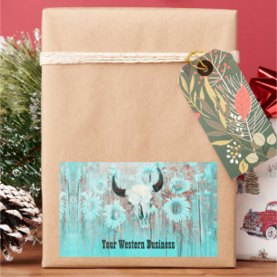 Rustic Teal Western Bull Skull Sunflowers On Wood Rectangular Sticker