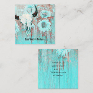 Rustic Teal Western Country Bull Skull Sunflowers Square Business Card