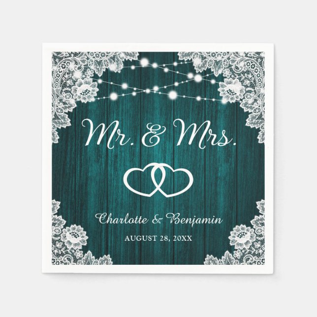 Rustic Teal Wod Lace String Lights Wedding Napkin (Front)