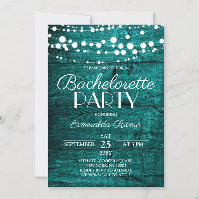 Rustic Teal Wood Bachelorette Party Invitation (Front)