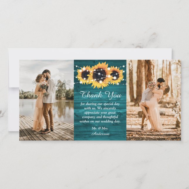 Rustic Teal Wood Burlap Heart Sunflower Photo Thank You Card (Front)