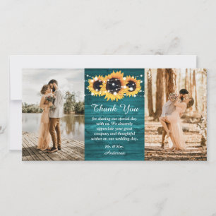 Rustic Teal Wood Burlap Heart Sunflower Photo Thank You Card