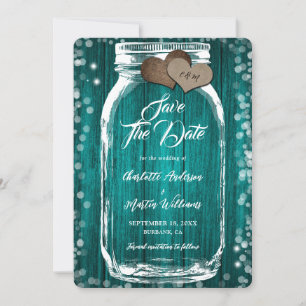 Rustic Teal Wood Burlap Hearts Mason Jar Wedding Save The Date