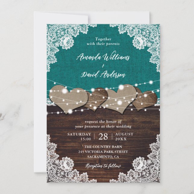 Rustic Teal Wood Burlap Lace String Lights Wedding Invitation (Front)