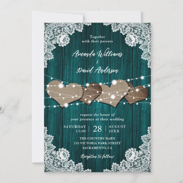 Rustic Teal Wood Burlap Lace Wedding Invitation (Front)