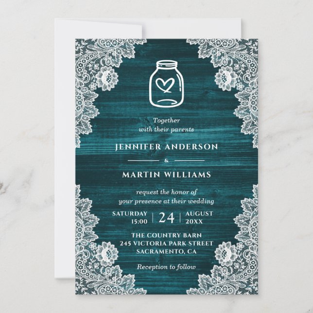 Rustic Teal Wood Floral Lace Mason Jar Wedding Invitation (Front)