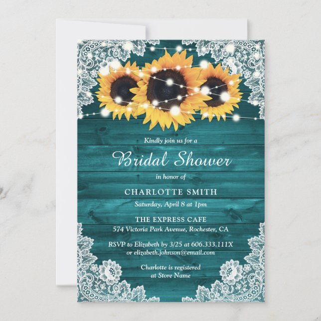 Rustic Teal Wood Lace Sunflower Bridal Shower Invitation (Front)
