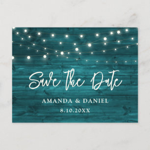 Rustic Teal Wood Lights Wedding Save The Date Announcement Postcard