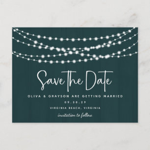 Rustic Teal Wood String Lights Save the Date  Postcard