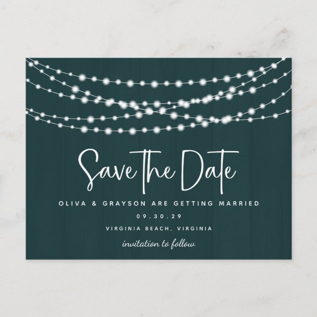 Rustic Teal Wood String Lights Save the Date  Postcard (Front)