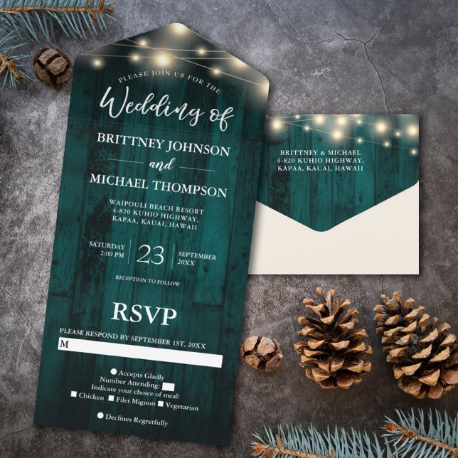 Rustic Teal Wood String Lights Wedding All In One Invitation (Creator Uploaded)