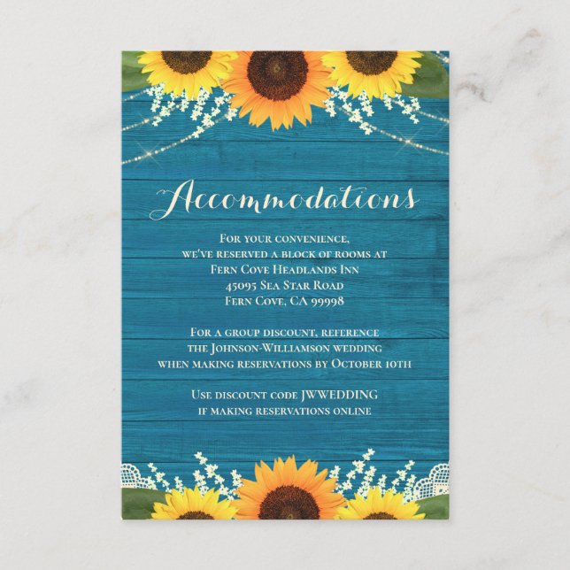 Rustic Teal Wood Sunflower Wedding Accommodations Enclosure Card (Front)