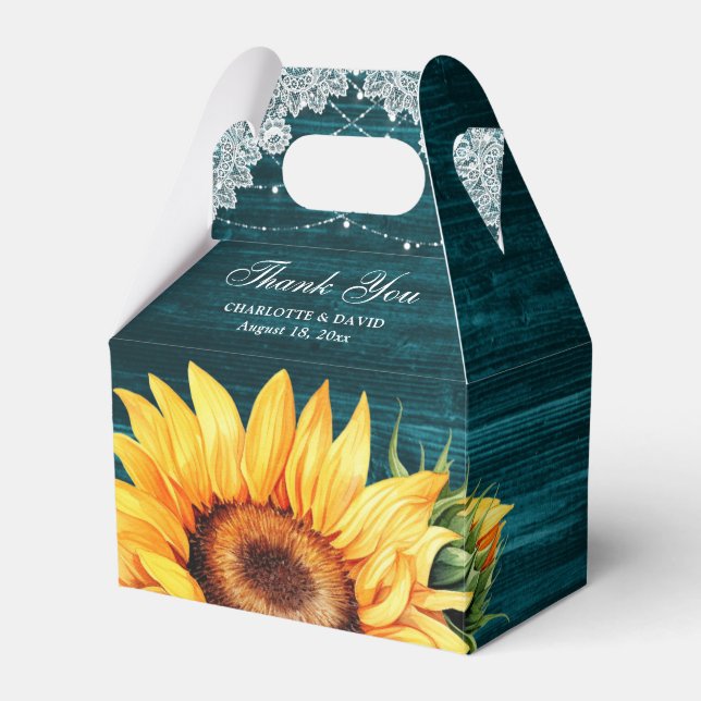 Rustic Teal Wood Sunflower Wedding Favour Box (Front Side)