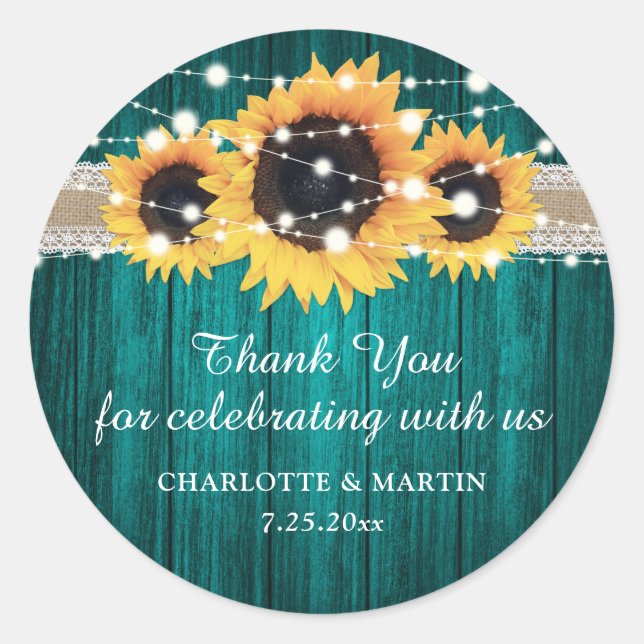 Rustic Teal Wood Sunflower Wedding Thank You Classic Round Sticker (Front)