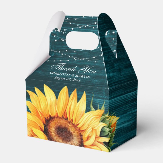 Rustic Teal Wood Sunflower Wedding Thank You Favour Box (Front Side)