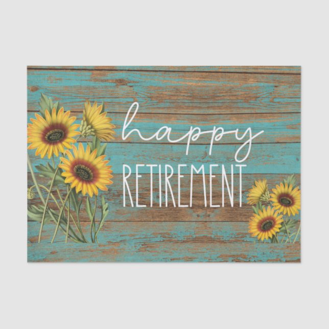Rustic Teal Wood Sunflowers Retirement Tissue Paper (Front)