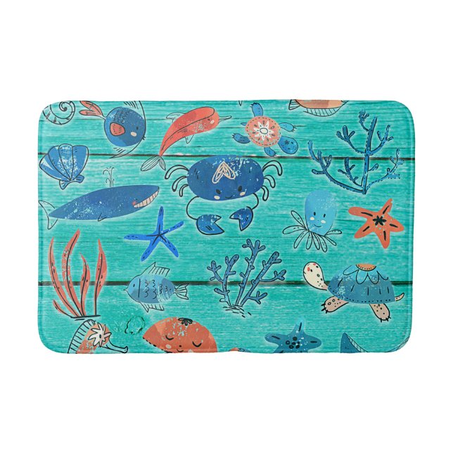 Rustic Teal Wood & Under the Sea Friends Whimsical Bath Mat (Front)