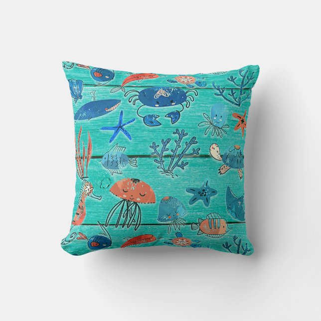 Rustic Teal Wood & Under the Sea Friends Whimsical Cushion (Front)