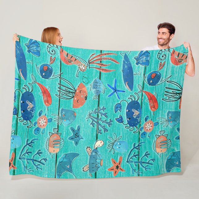 Rustic Teal Wood & Under the Sea Friends Whimsical Fleece Blanket (In Situ)