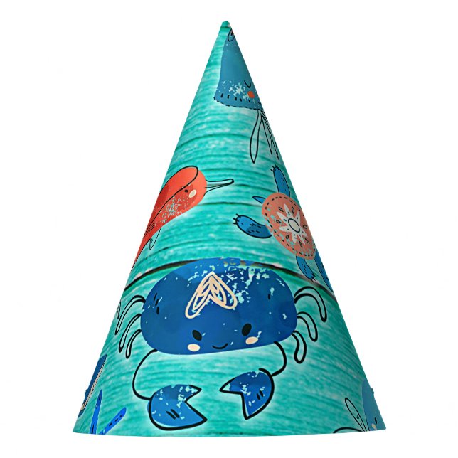 Rustic Teal Wood & Under the Sea Friends Whimsical Party Hat (Front)