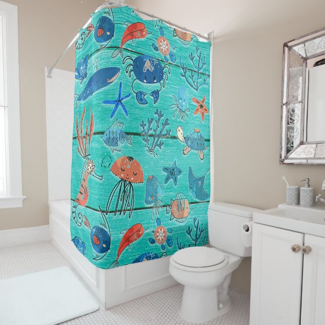 Rustic Teal Wood & Under the Sea Friends Whimsical Shower Curtain (In Situ)