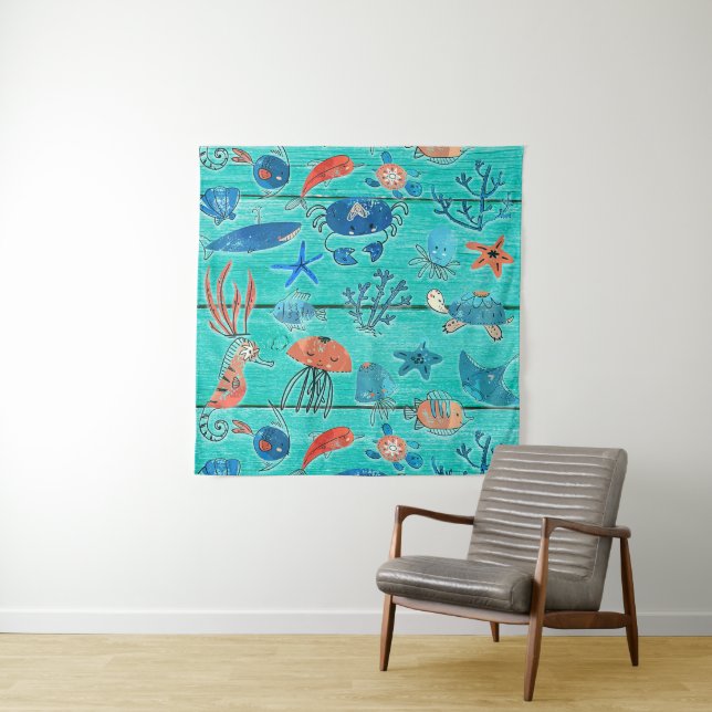 Rustic Teal Wood & Under the Sea Friends Whimsical Tapestry (In Situ)
