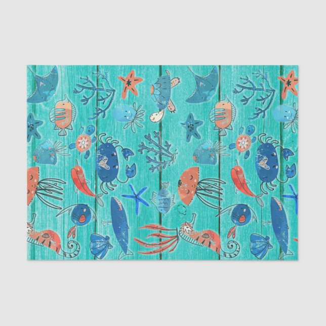 Rustic Teal Wood & Under the Sea Friends Whimsical Tissue Paper (Front)