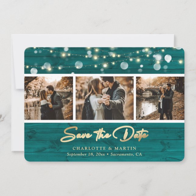 Rustic Teal Wood Wedding 3 Photo Save The Date (Front)