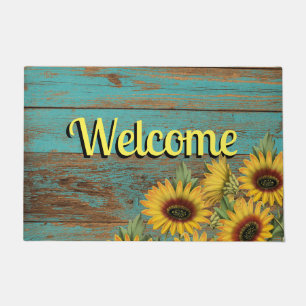 Rustic Teal Wood Yellow Sunflowers Welcome Doormat