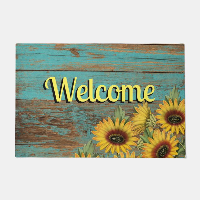 Rustic Teal Wood Yellow Sunflowers Welcome Doormat (Front)