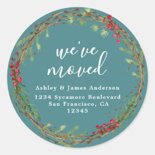 Rustic Teal Wreath We’ve Moved Address Classic Round Sticker