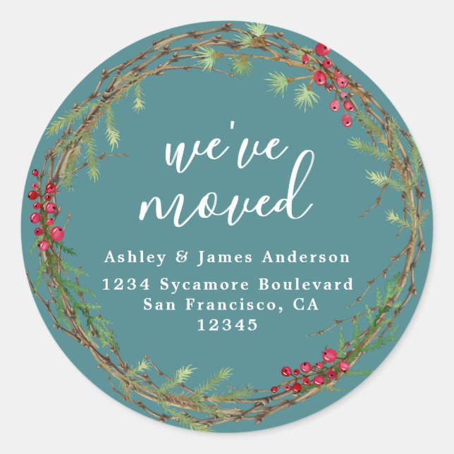 Rustic Teal Wreath We’ve Moved Address Classic Round Sticker (Front)
